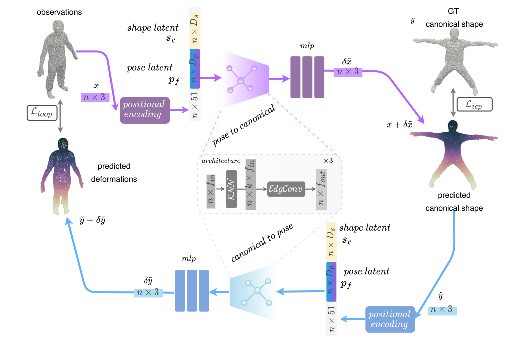 GNPM self-supervision cycle: forward network maps a posed scan to canonical T-pose, backward network maps it back
